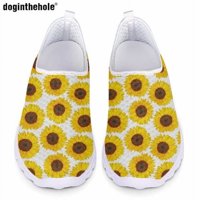 Zapatos de enfermera ligeros y suaves para mujer de Doginthehole, zapatos planos casuales con estampado de girasoles de tendencia clásica, zapatos de malla cómodos de verano