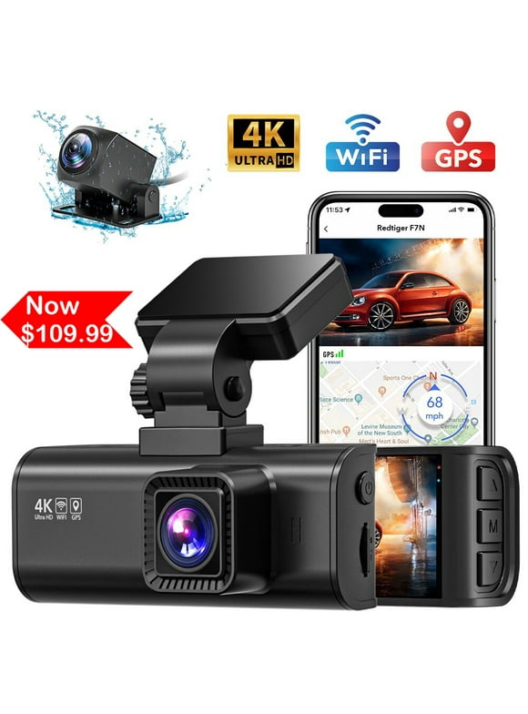 REDTIGER Dash Cam Front and Rear, 4K Dash Cam with WiFi & GPS, 4K/2.5K Front+1080P Rear Dash Camera with View Night Vision, LCD Screen Display, Loop Recording,Black