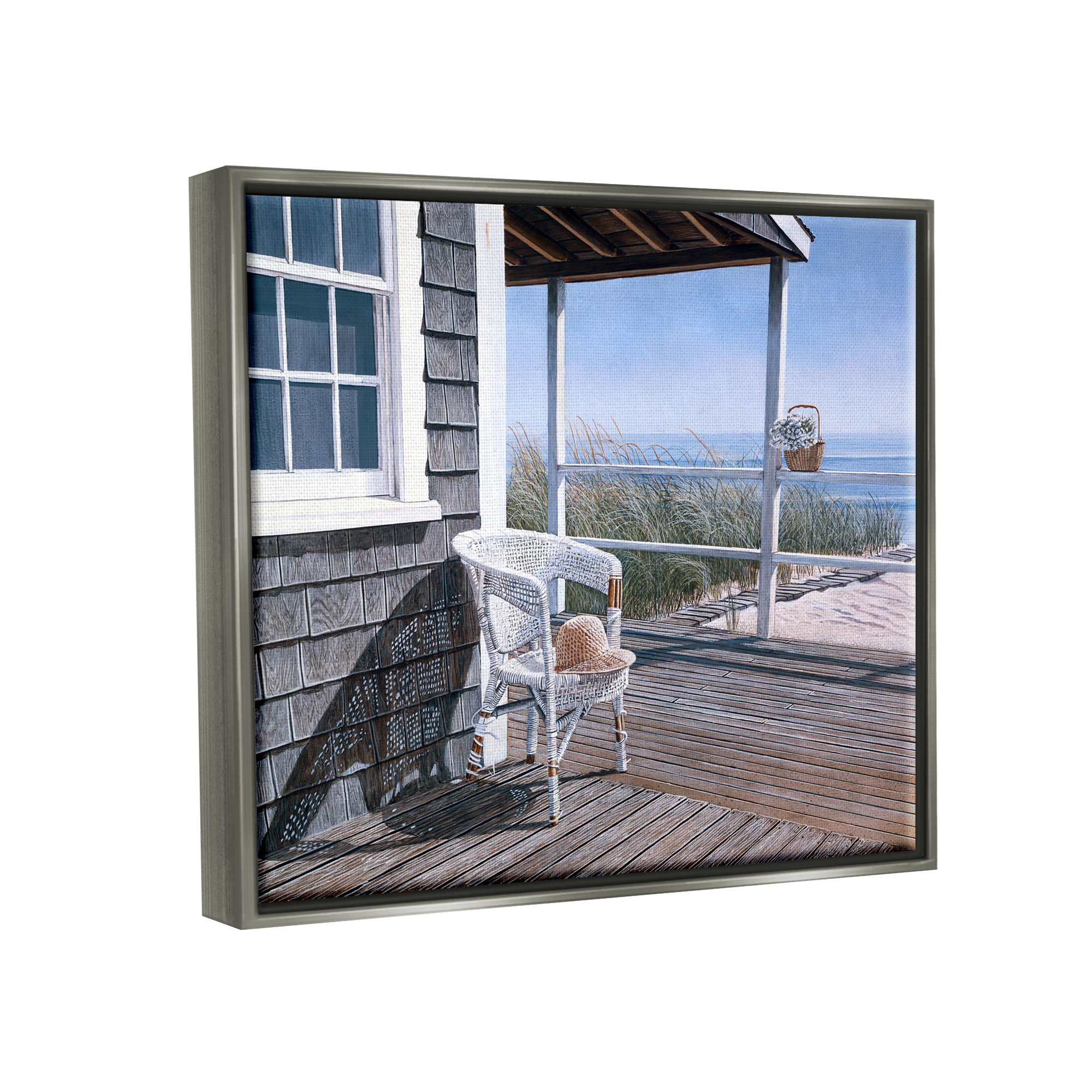 Stupell Industries Coastal Cottage Porch Chair Seaside Boardwalk Scenery Painting Luster Gray Floating Framed Canvas Print Wall Art, Design by Tom Mielko