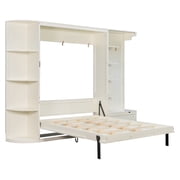Mintazer Queen Murphy Bed with Side Shelves & LED Lights, Modern Foldable Wall Bed for Bedroom Apartment Guest Room, White