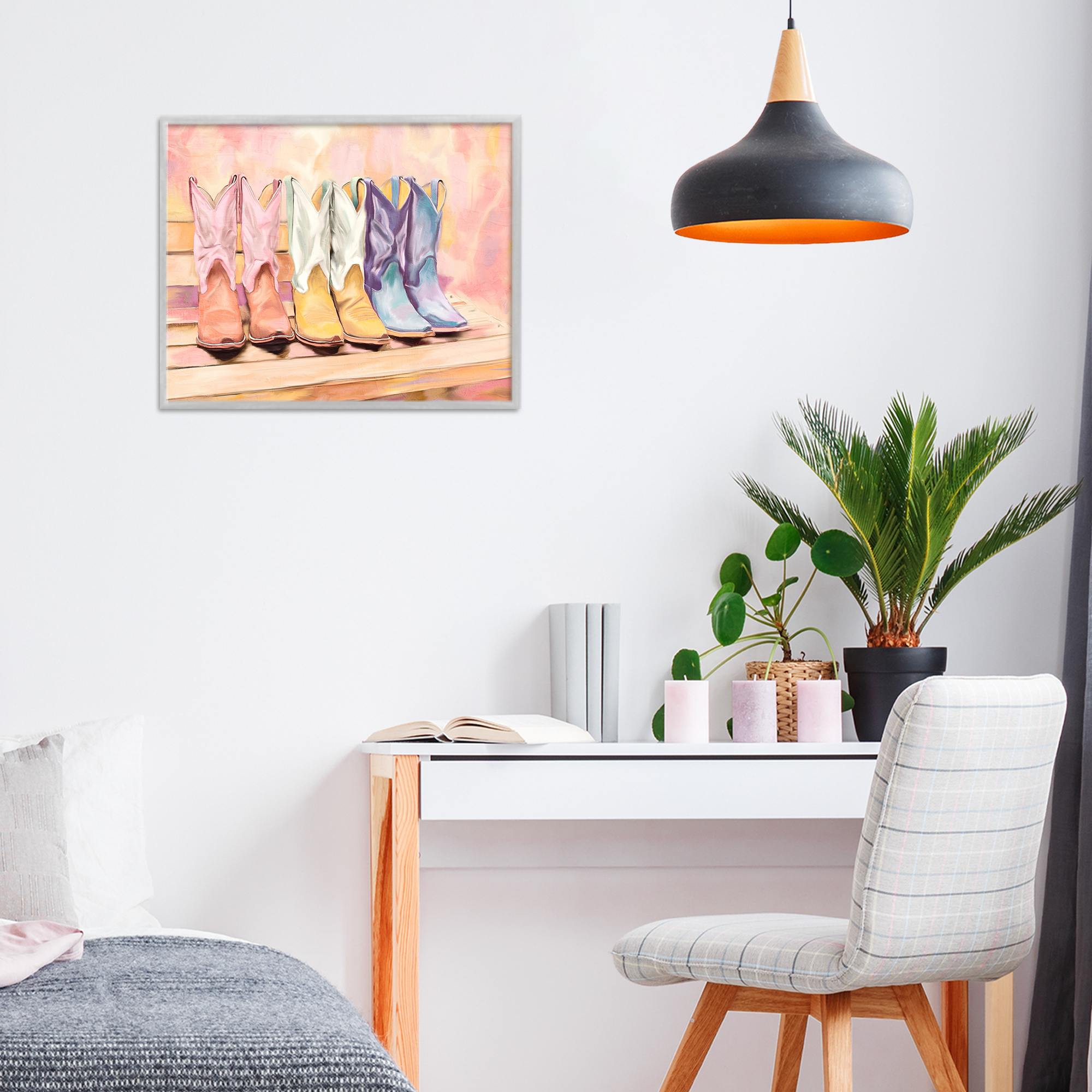 Painted Boots Trio Gray Framed Giclee Art, design by Kim Allen