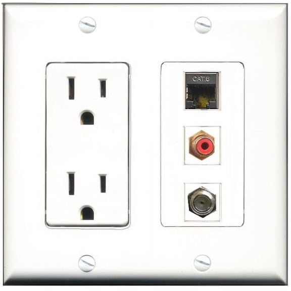 RiteAV - 15 Amp Power Outlet 1 Port RCA Red 1 Port Coax 1 Port Shielded Cat6 Ethernet Ethernet Decorative Wall Plate