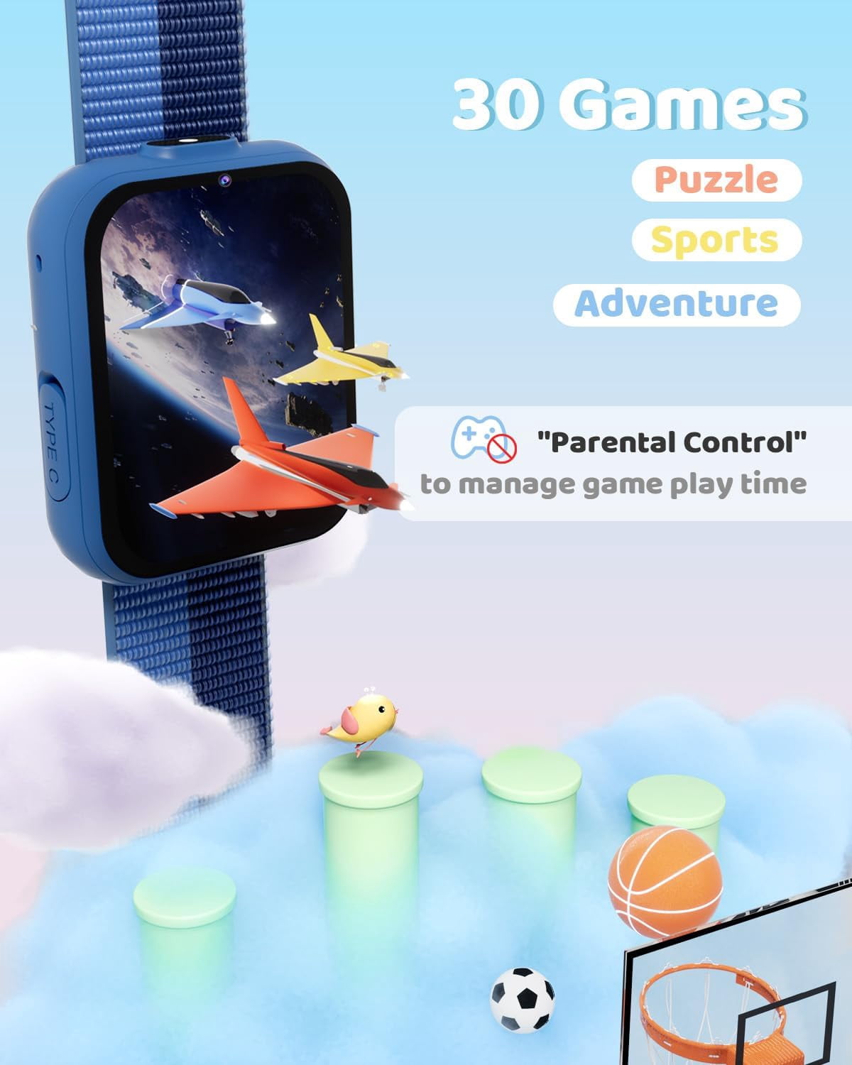 BIGGERFIVE Smart Watch for Kids with Dual Cameras, Two Straps, 30 Puzzle Games, Video & Music Player, Audiobooks, Flashlight, Pedometer, Educational Toys Birthday Gifts for Girls Ages 4-10 Blue