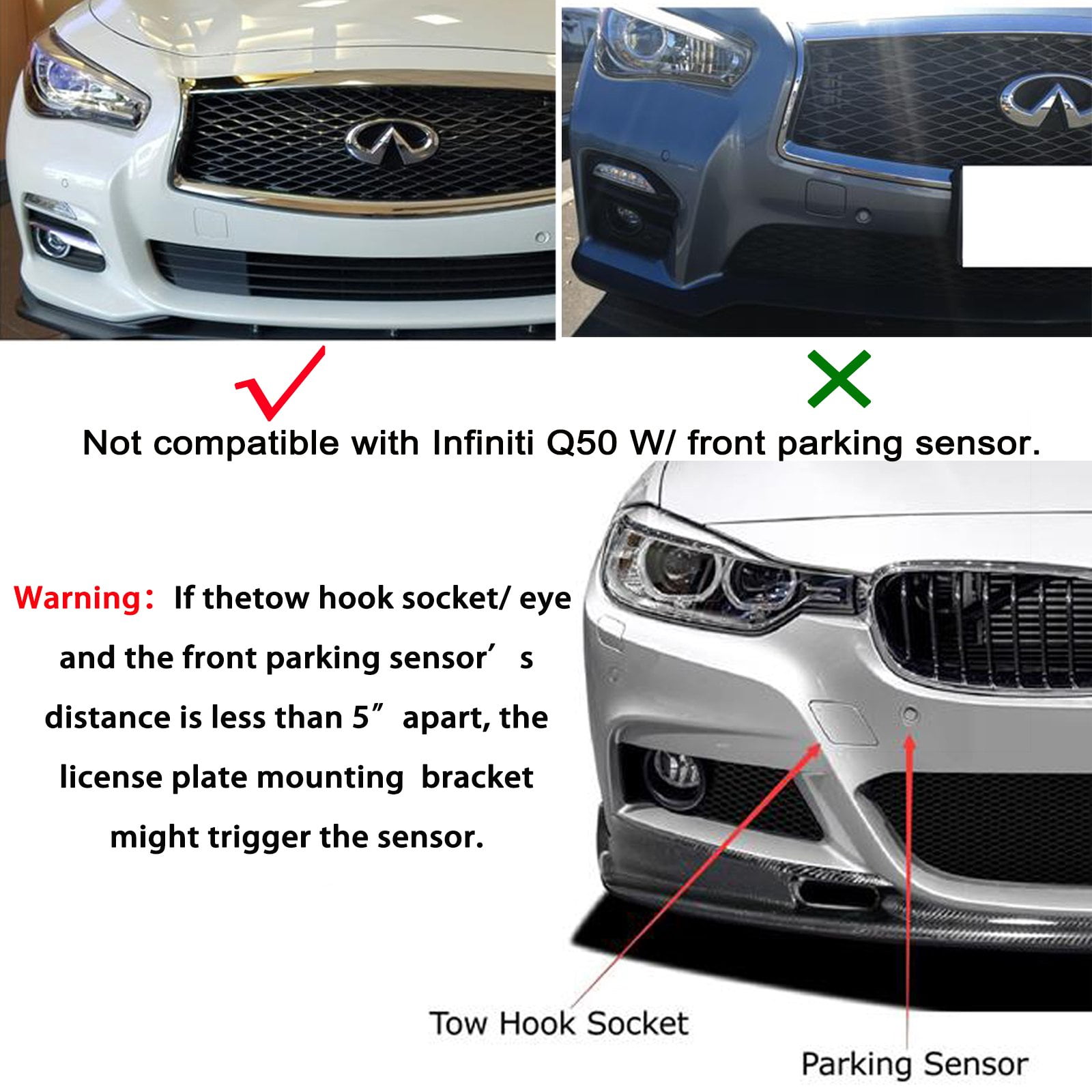 Xotic Tech Front Tow Hook License Plate Bumper Mounting Bracket FOR INFINITI  Q50 Q60 NISSAN GT-R[Black] 