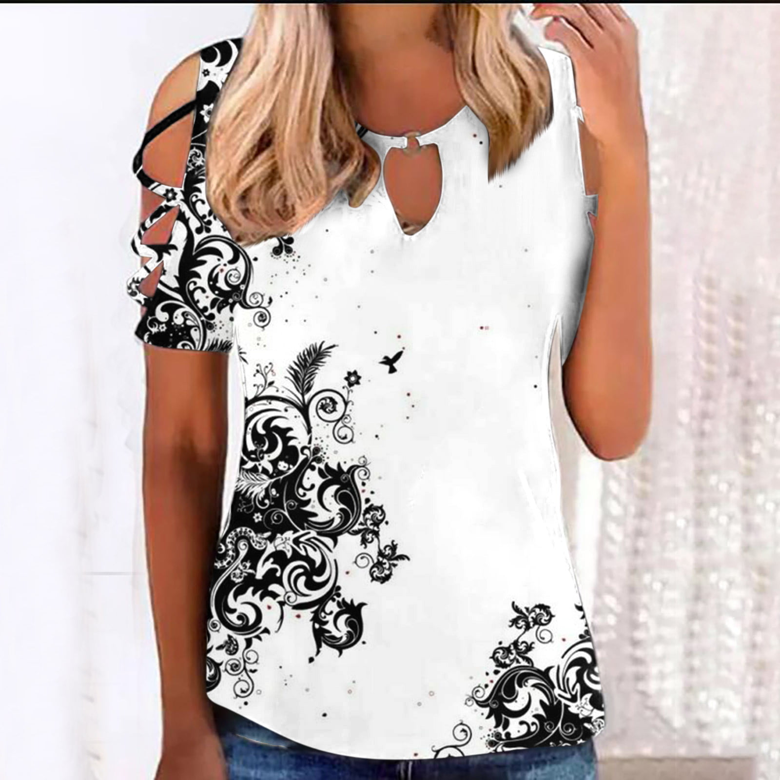 NKOOGH Shirt for Overnight Delivery Items Prime Tee Shirt Women Women  Floral Printed Short Sleeve Strappy Cold Shoulder T Shirt Tops Blouses