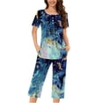 thumbnail image 2 of Cagogo Women Plus Size 2 Piece Set Round Neck Short Sleeve Tshirt Pocket Capris Casual Lounge Matching Outfits Boho Soft Summer Cruise Clothes Airport Travel, Blue 2XL, 2 of 5