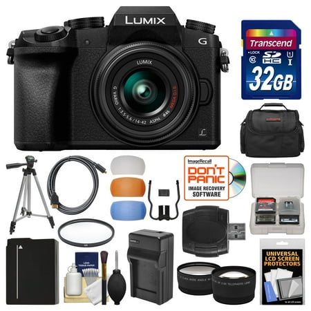 Panasonic Lumix DMC-G7 4K Wi-Fi Digital Camera & 14-42mm Lens (Black) with 32GB Card + Case + Battery & Charger + Tripod + Tele/Wide Lenses Kit