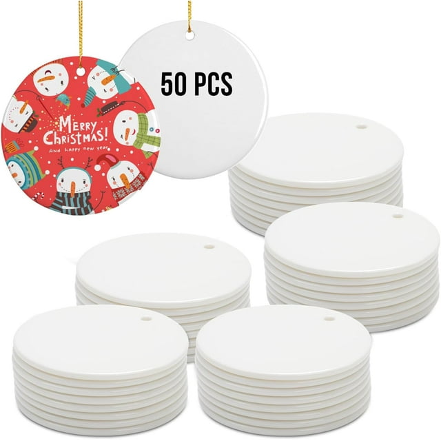 PYD Life 50 PCS Sublimation Ceramic Ornaments Bulk 2.75 Inch Round Blank with Gold String for Crafting DIY Personalized Christmas Home Decor Bulk