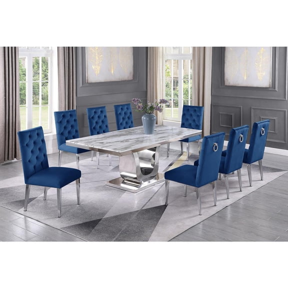 Silver Stainless Steel 9 Piece Dining Set with Marble Table and Navy Chairs