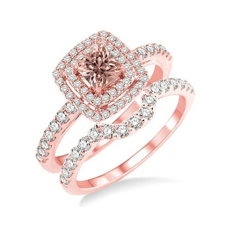 Beautiful Double Halo 1.50 Carat Princess cut Morganite and Diamond Wedding Set in 14k Rose Gold morganite and diamond engagement ring
