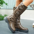 thumbnail image 5 of HAOTAGS Mid Calf Boots for Women, Fall Winter Casual Belt Buckle Stylish Leather Boots Coffee 6, 5 of 9