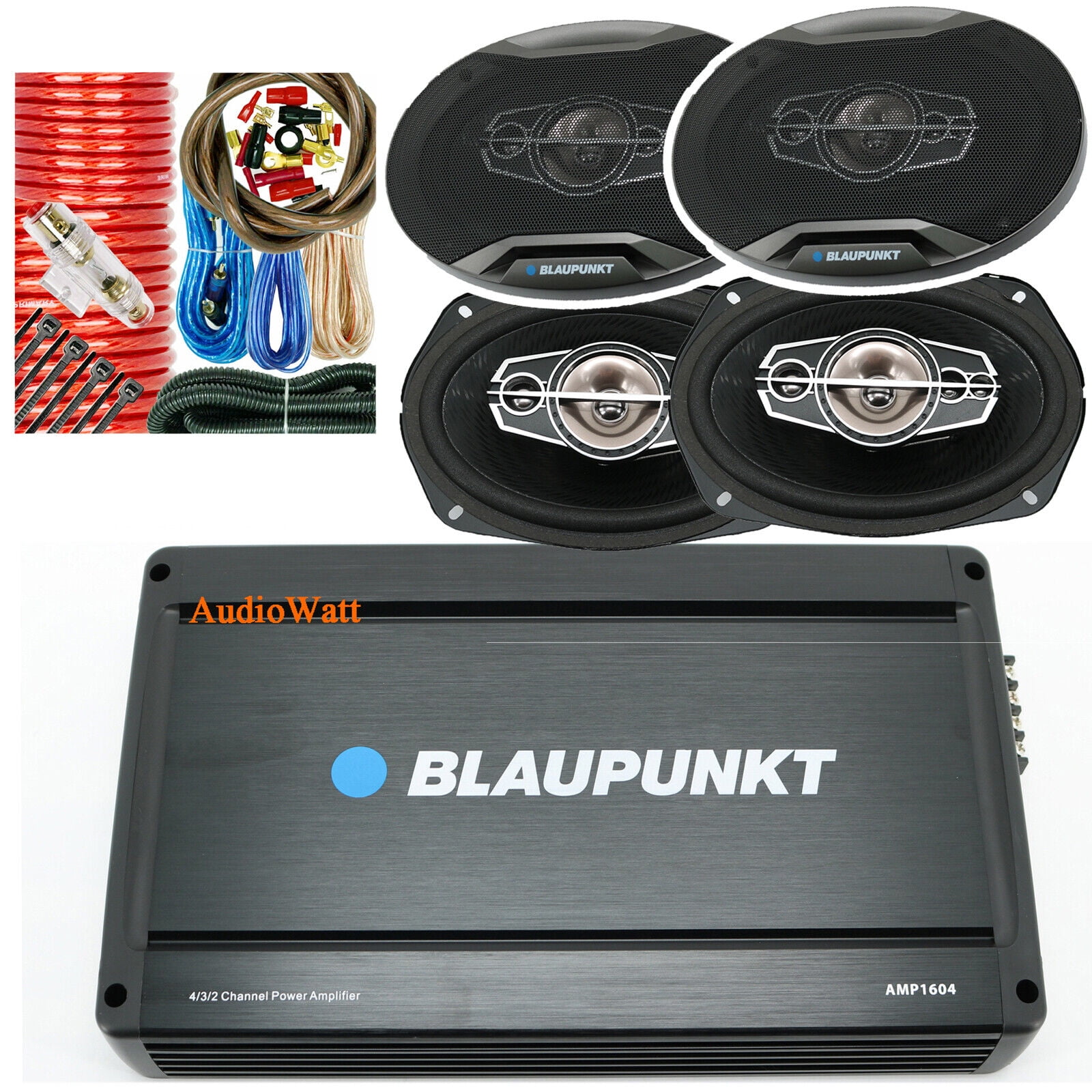 BLAUPUNKT AMP1604 4 CH 1600W AMP + 4x SPEAKERS 6"x9" 1500W + 4 GA AMP
