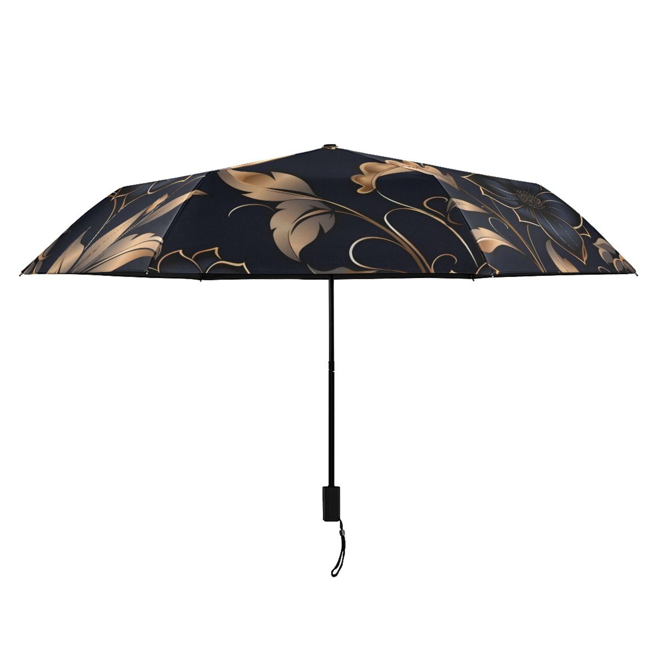 Gold Leaves and Elegant Flower Compact Sun Umbrella Windproof Travel Umbrellas for Rain Strong Portable UV Protection