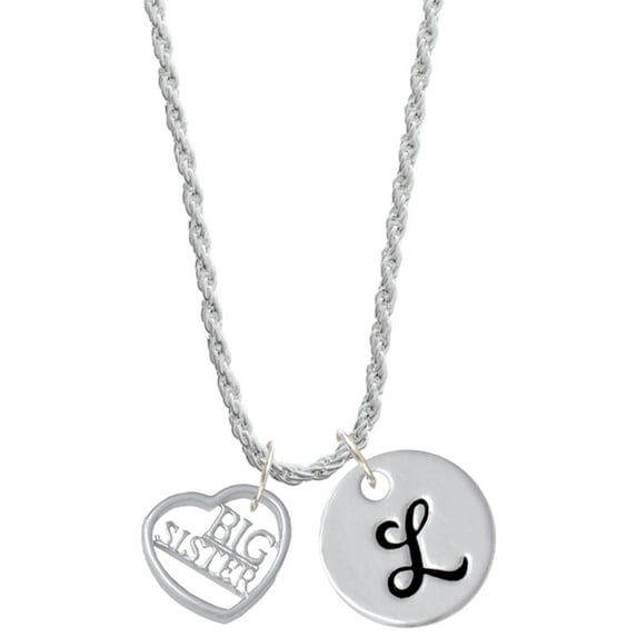 Delight Jewelry Silvertone Big Sister in Open Heart - 5/8'' Silvertone Script Initial Disc - L - Charm Necklace, 20"+3"