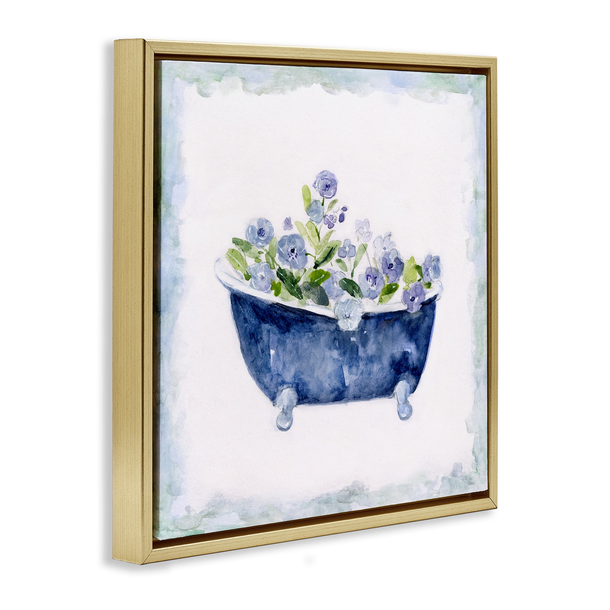 Stupell Industries Charming Blue Bathtub Florals Botanical & Floral Painting Gold Floater Framed Canvas Art Print Wall Art, 25 x 25