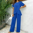 thumbnail image 5 of Two Piece Sets for Women Trendy Casual Short Sleeve Round Neck Solid Top and Elastic Waist Long Pants Sets, 5 of 9