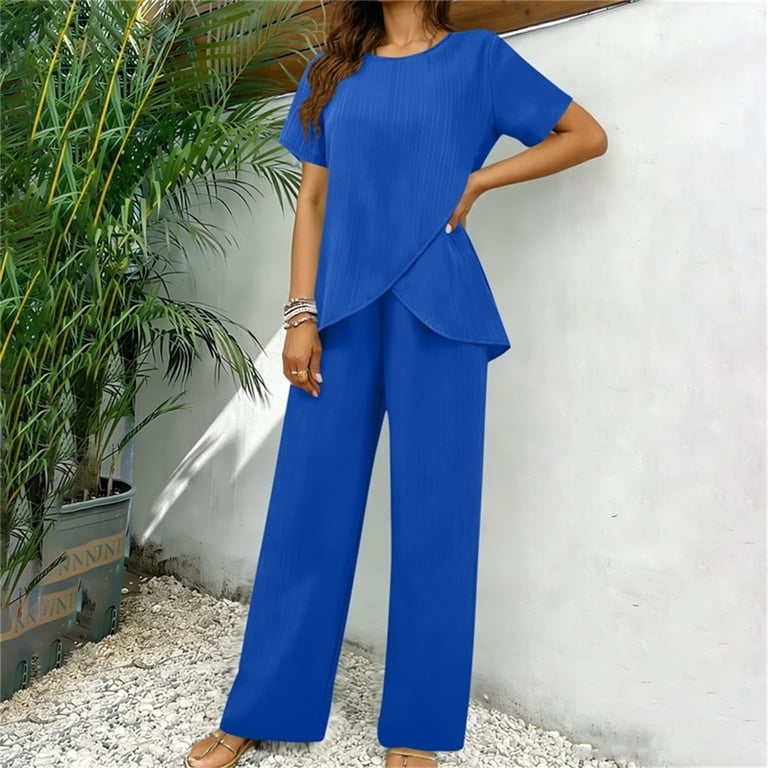 Oplxuo 2 Pieces Pants Suits for Women Dressy Short Sleeve Tops and