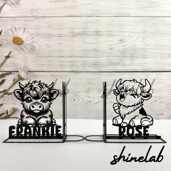 Shinelab Cute Cow Metal Bookends Animal Name Bookend Gift, Farmhouse Style Desk Bookshelf Decor 5072