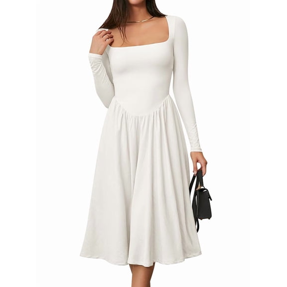 Women'S Spring and Autumn Fashion Square Neck Long Sleeve Casual A-Line Midi Dress White S