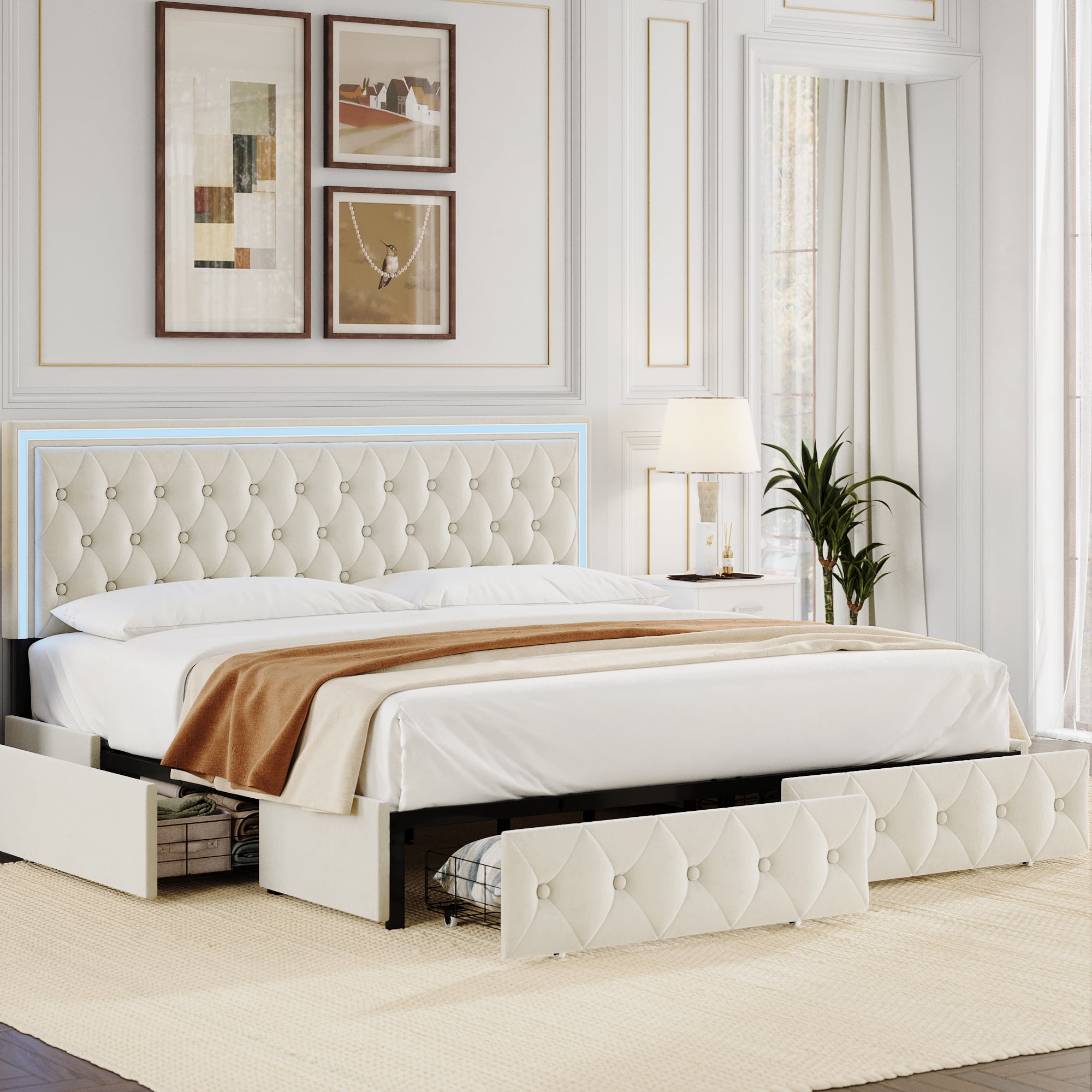 Furniture of America Seboya White King Panel Bed with LED Light