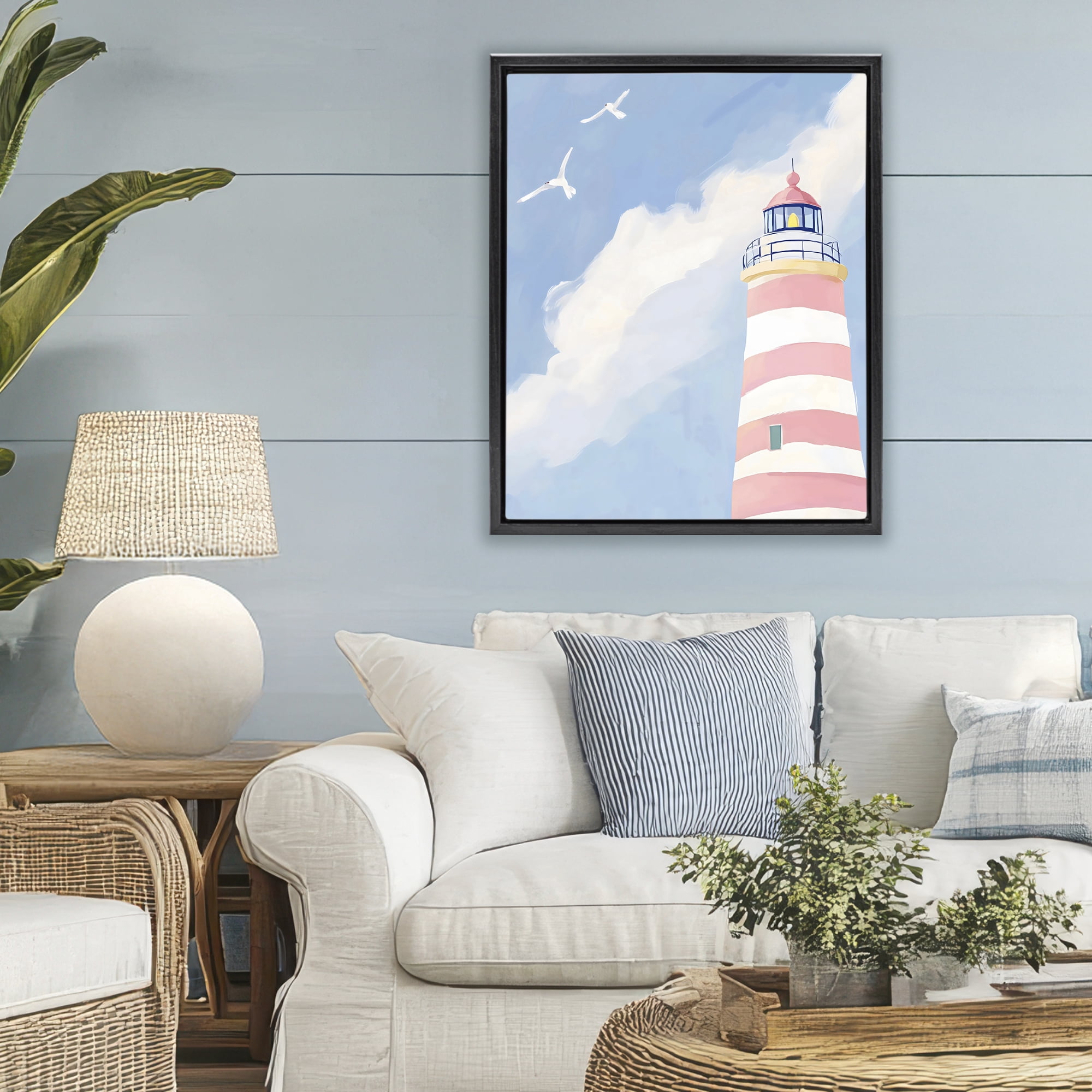 Stupell Industries Striped Lighthouse with Seagulls Black Framed Floater Canvas Wall Art, design by The Prints Vibe