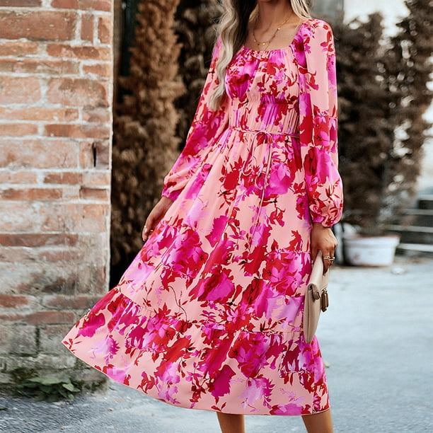 Vestido De Mujer Vestidos largos de señora Cómodos vestidos de noche con estampado floral Elegante traje de calle Kuymtek Rosa Xl para Mujer