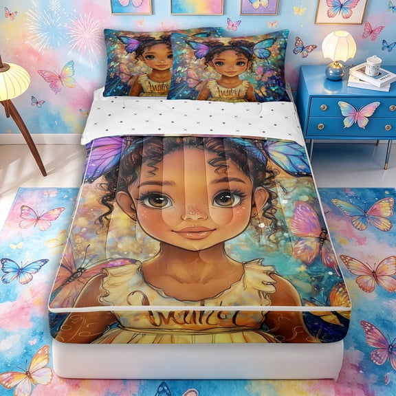 Castle Fairy Cartoon Black Girl Zipper Twin Comforter Sets with Fitted Sheet and 2 Pillowcases,Watercolor Flying Butterflies Zipper Bedding Set,Brown Blue,4-Piece