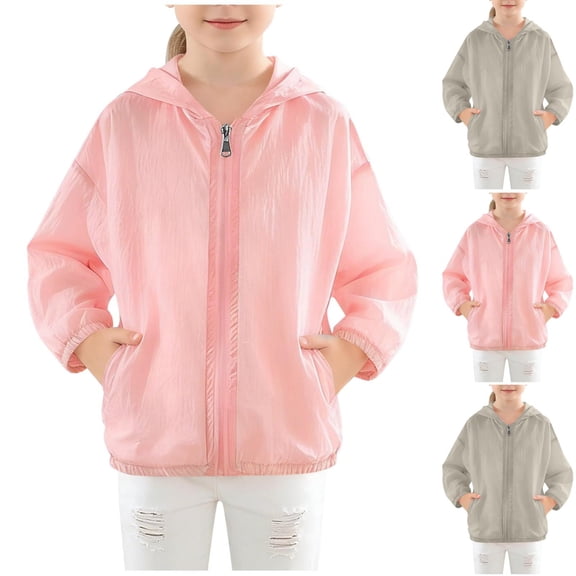 MKOSPLRT Girls' Athletic Workout Jacket Lightweight UPF 50 Long Sleeve Sun Protection Shirts Zip Up Solid Hiking Hoodies with Pokcet 2-10Y
