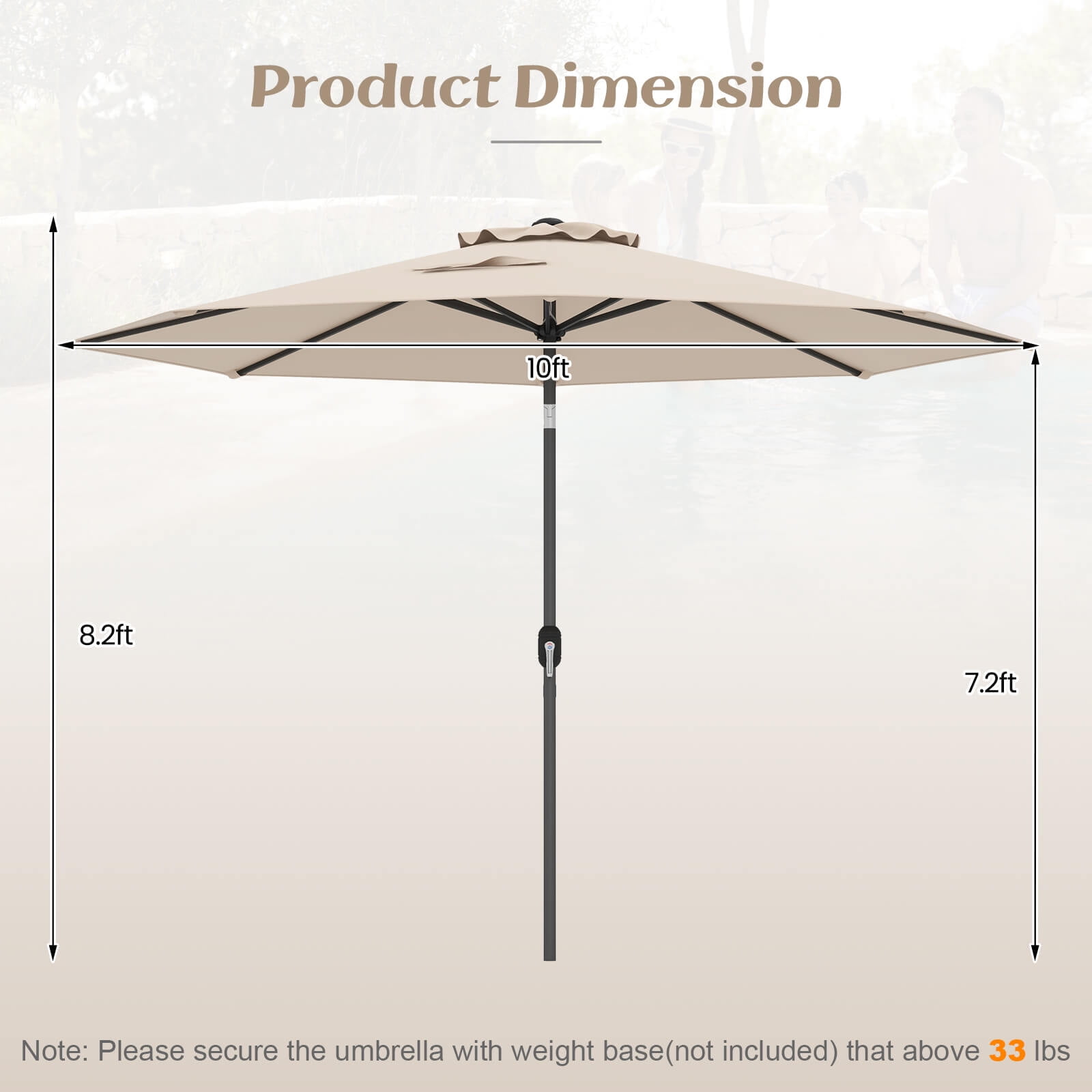 Costway 10FT Patio Umbrella Tilt Market Sunshade Deck Yard Garden Parasol with 8 Ribs Beige