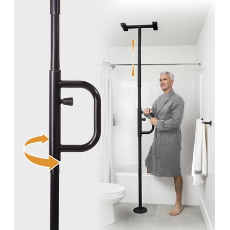Stander Wonder Pole with Rotating Single Grab Bar, Tension Mounted Floor to Ceiling Transfer Pole for Seniors & Elderly Adults, No-Drill Support Rail with Assist Handle for Home & Bath Safety, Black