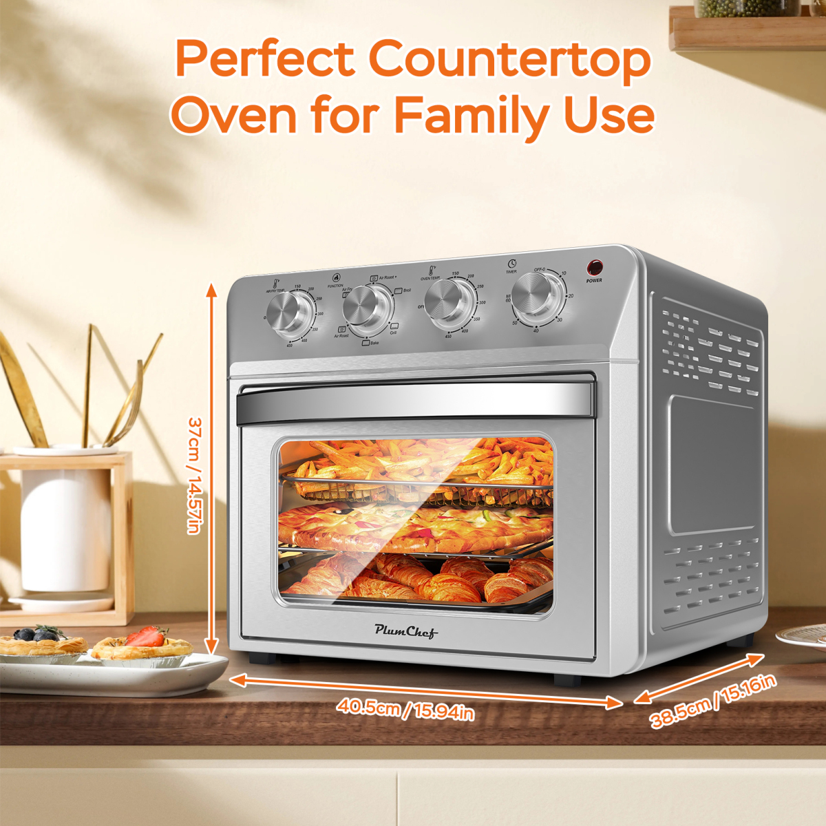 Plum Chef 27.5QT Family Size Air Fryer Oven - 6-in-1 Countertop Oven (Air Fry/Bake/Broil/Toast/Warm/Dehydrate) 1600W 4-Knob Control Silver