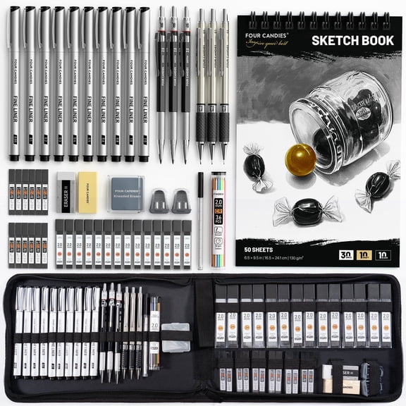 Four Candies 52pcs Art Supplies Sketching & Drawing Kit with 10 Micron Fineliner Pens, 6 Drafting Mechanical Pencils,3-Color Sketchbook,27 Lead Refills, Supplies Gifts for Beginners Adults