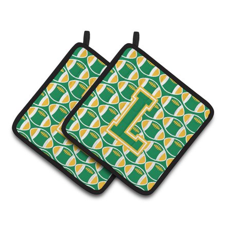 Letter L Football Green and Gold Pair of Pot Holders