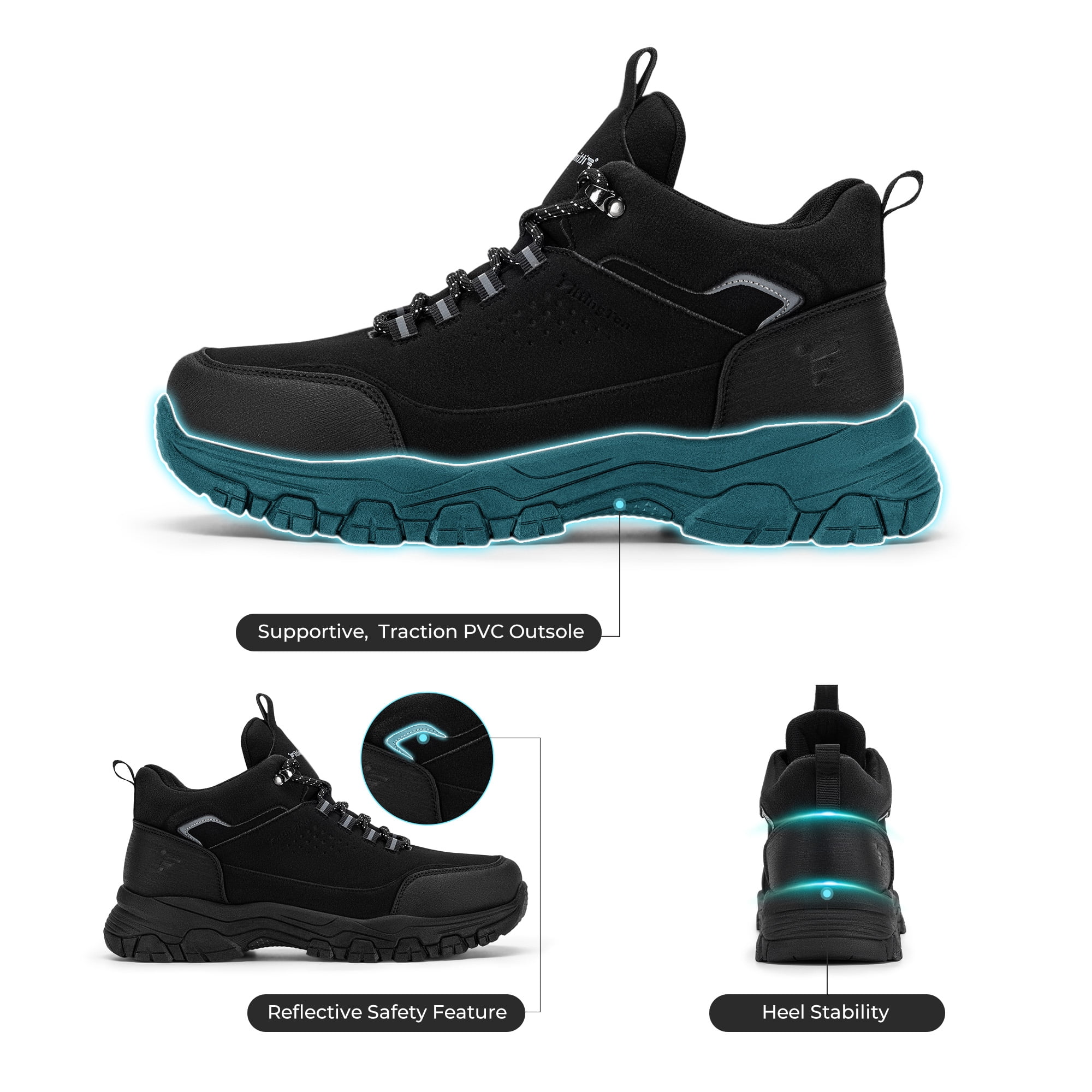 Fittington Men's Walking Hiking Shoes Outdoor Trekking Athletic shoes Arch Support | Reflective Safety Feature | Jet Black