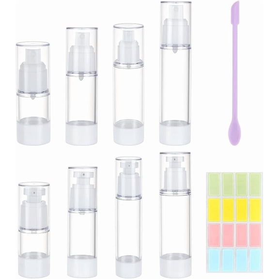 8pcs 4 Size Airless Pump Bottle Vacuum Pressure Bottle Travel Lotion Bottle Liquid Dispensing Bottle with Sticker and Spoon for Cosmetics Lotion Shampoo Dispensing