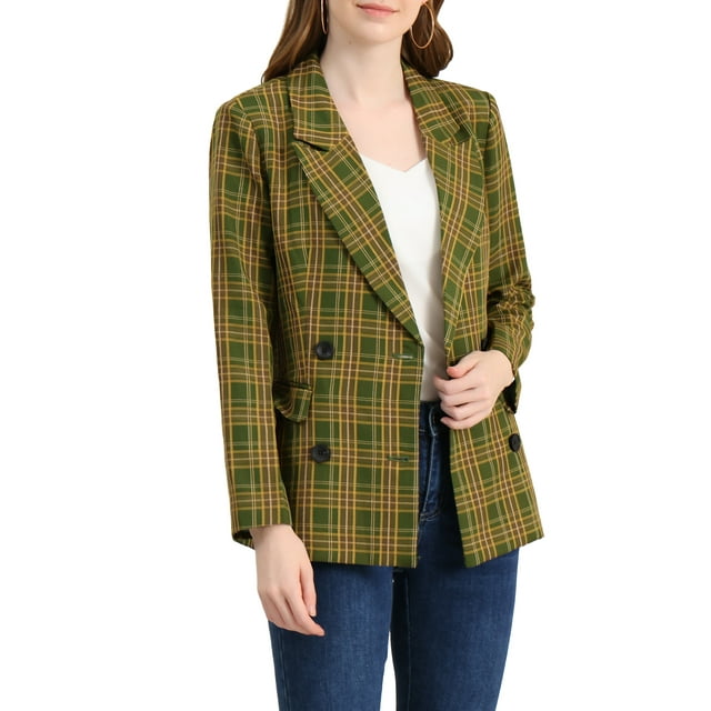 INSPIRE CHIC Women's Jacket Notched Lapel Double Breasted Padded Shoulder Blazer S Yellow Green
