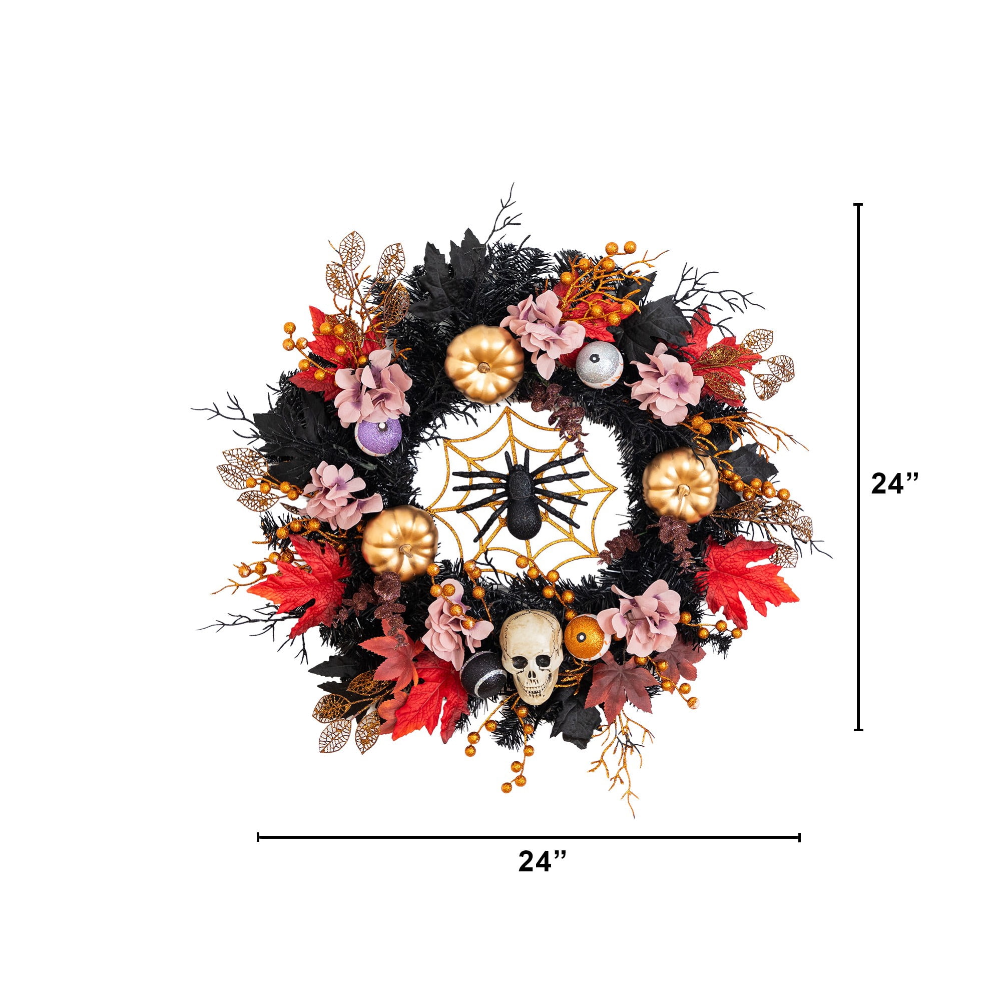 24in. Artificial Halloween Wreath with Skulls, Spiders and Pumpkins