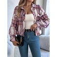 thumbnail image 5 of Women'S Long Sleeve Cropped Flannel Plaid Shacket Button Down Plaid Crop Short Jacket Coat Pink S, 5 of 10