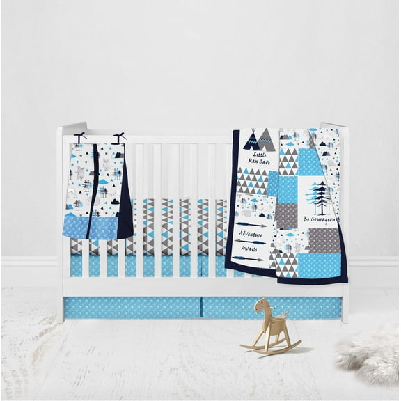 Bacati - Woodlands Aqua/Navy/Grey 4 pc Boys Cotton Crib set with Diaper Stacker, CC, CSK, DS. CFS