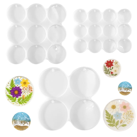 3 Pcs Round Silicone Molds with Hanging Hole, 25 Cavities Flat Circle Resin Casting Molds Set, Epoxy Resin Pendant Molds for Keychain Jewelry Diy Crafts Tags Home Decor Gift