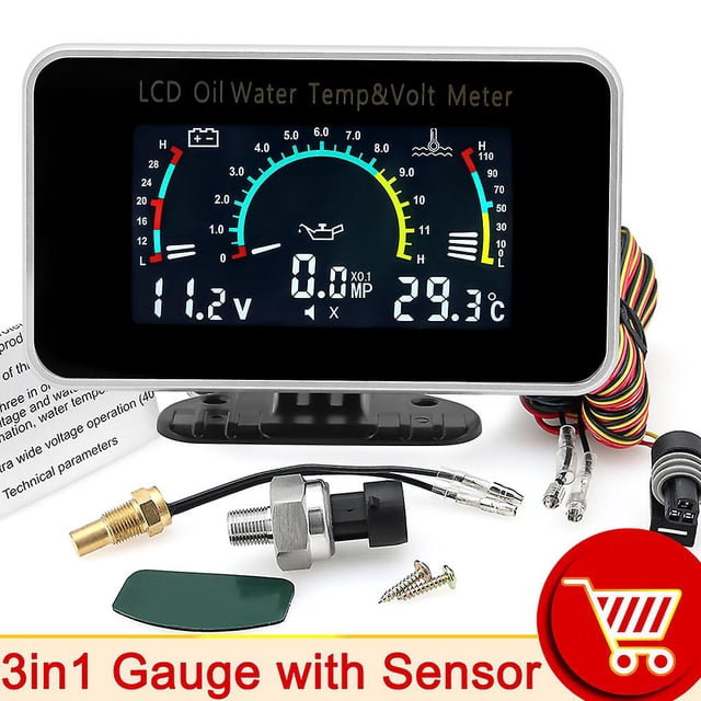 3 In 1 Lcd Car Digital Oil Pressure Gauge Voltmeter Water Temp Meter 1/8 Npt Oil Pressure Sensor + Water Temperature Sensor 10mm