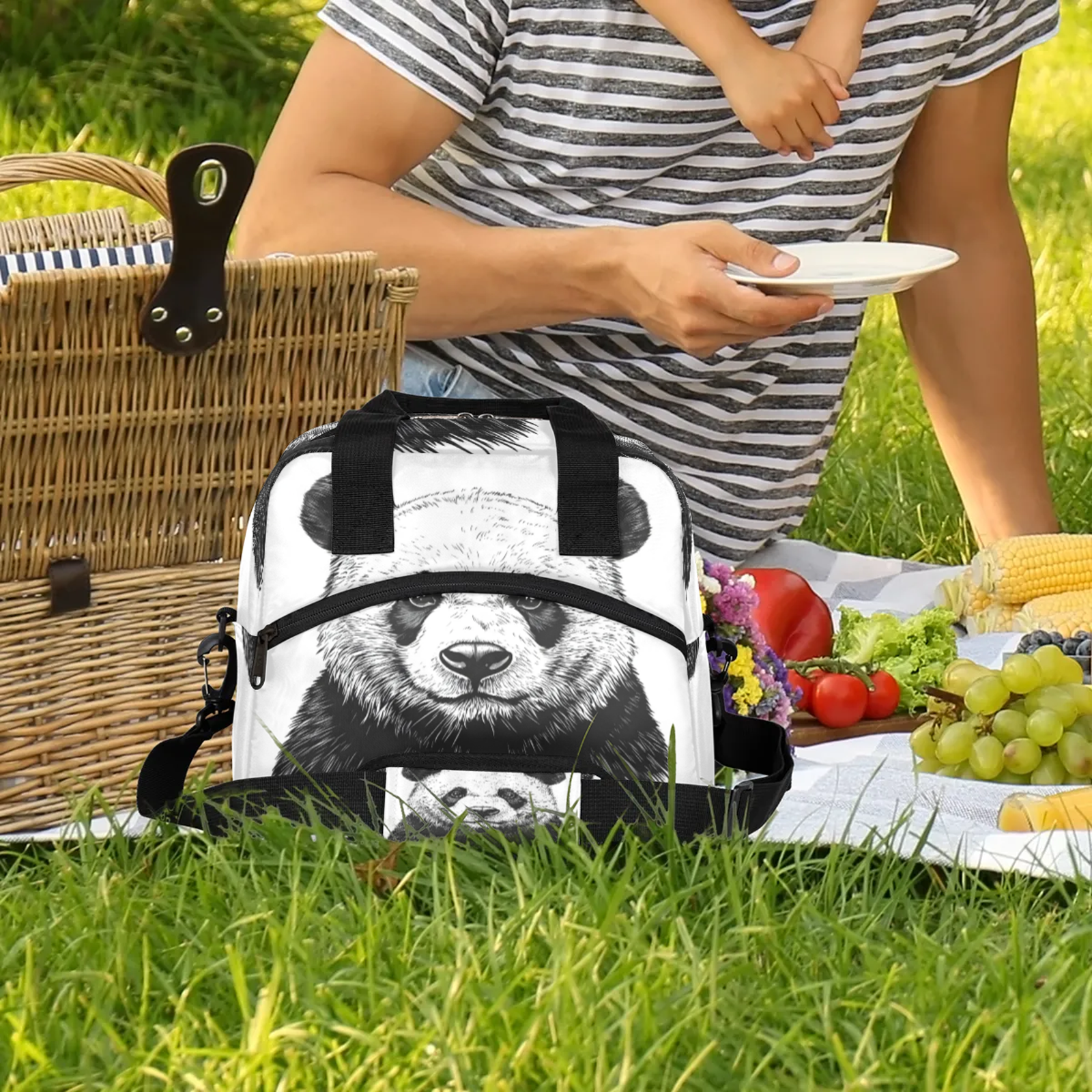 Herdesigns Panda Lunch Bag for Women Men Adult, Animal Theme Large Insulated Reusable Lunch Box Leakproof Portable Cooler Tote Bags for Work Picnic Beach