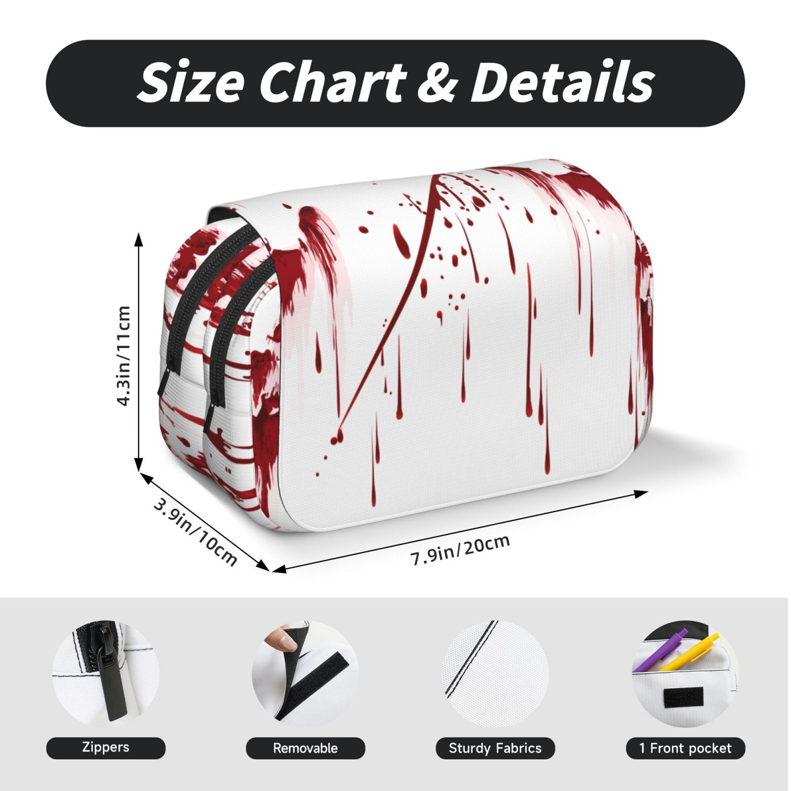 Rateoe Bloody Hand Pattern Double Clamshell Pen Case, Storage Organizer with Two Zipper Compartments– Holds Up to 50 Pencils & Pens