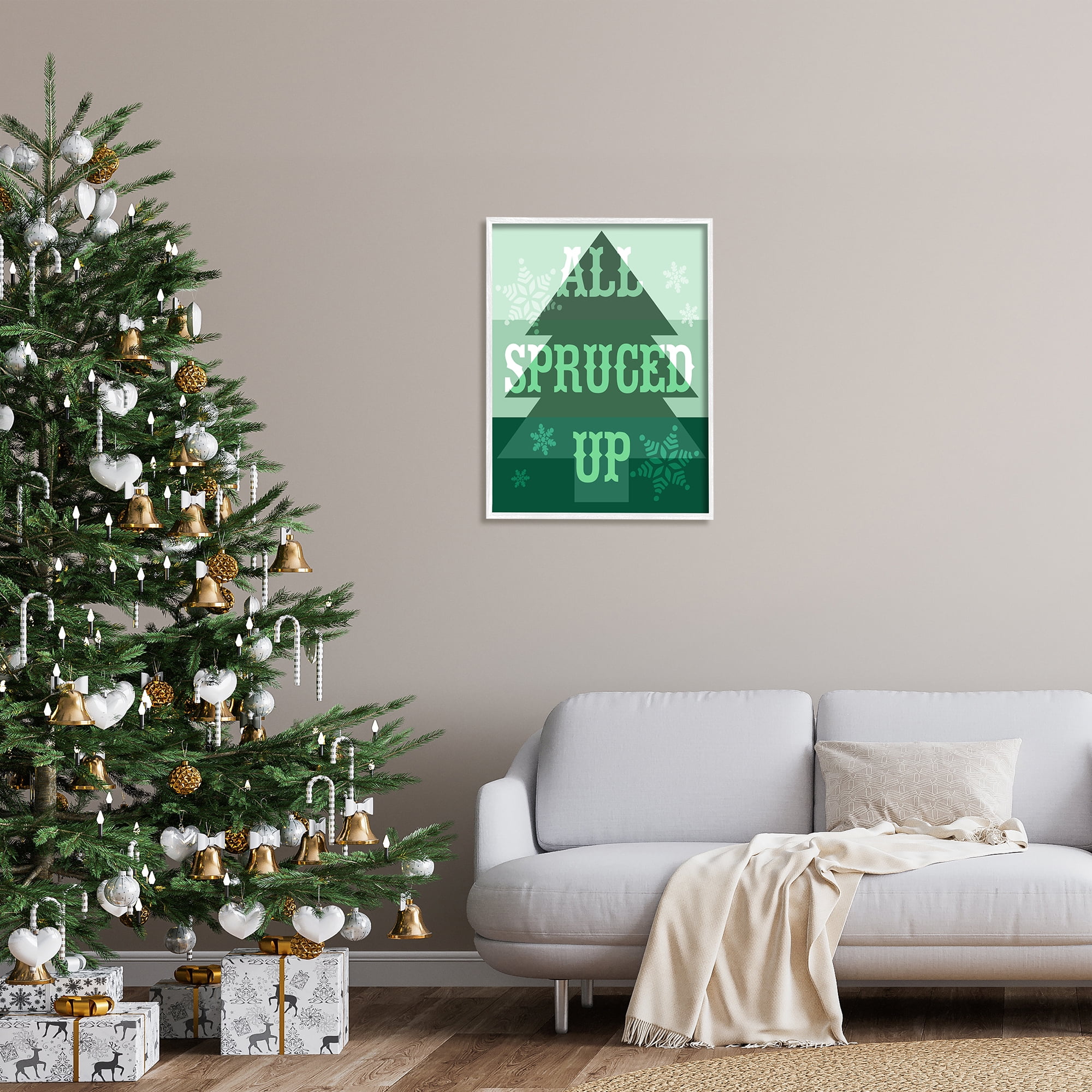 Stupell Industries All Spruced Up Holiday Pun Holiday Painting White Framed Art Print Wall Art, 24 x 30