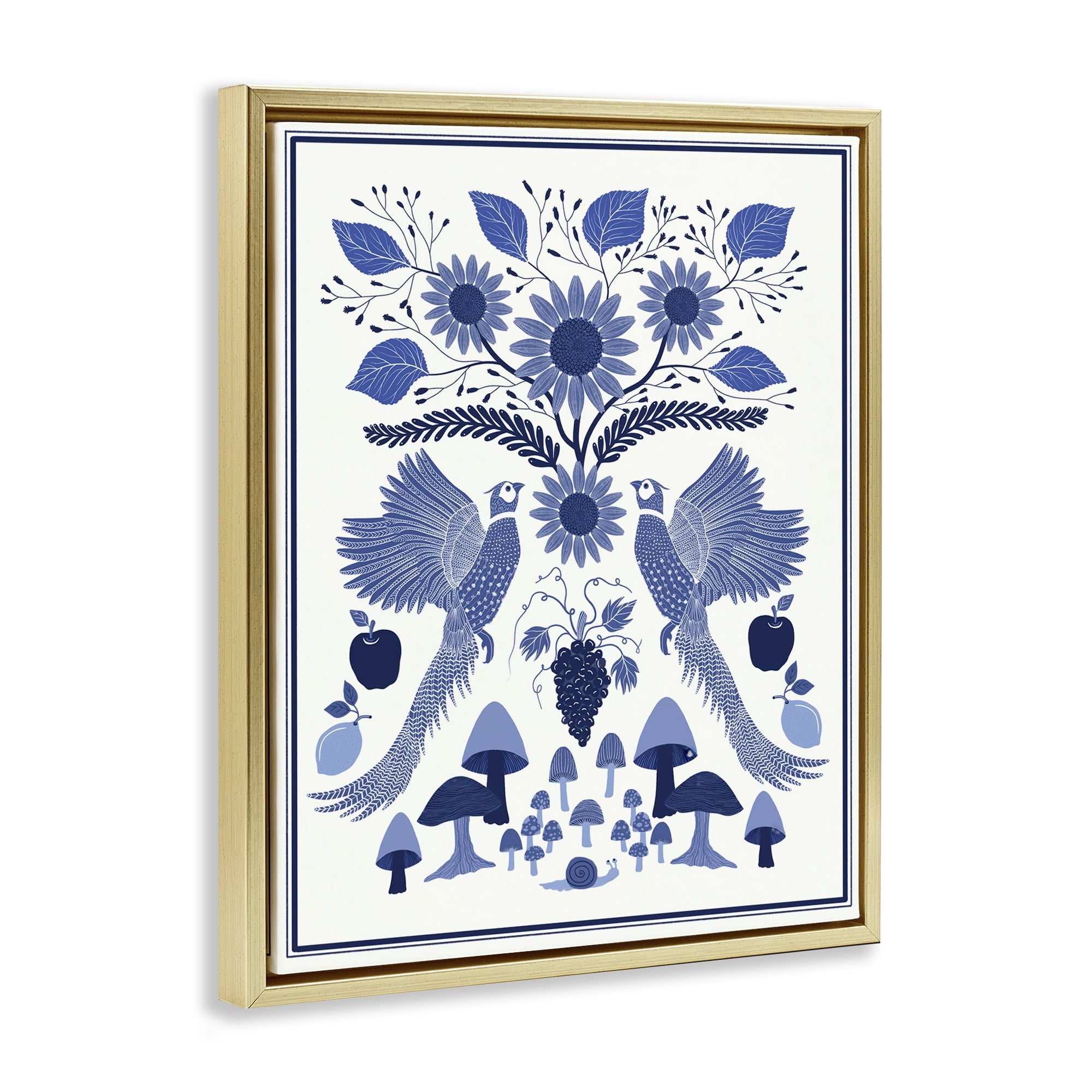 Stupell Industries Woodland Blue Folk Pattern Plants & Flowers Painting Gold Floater Framed Canvas Art Print Wall Art, 17 x 21