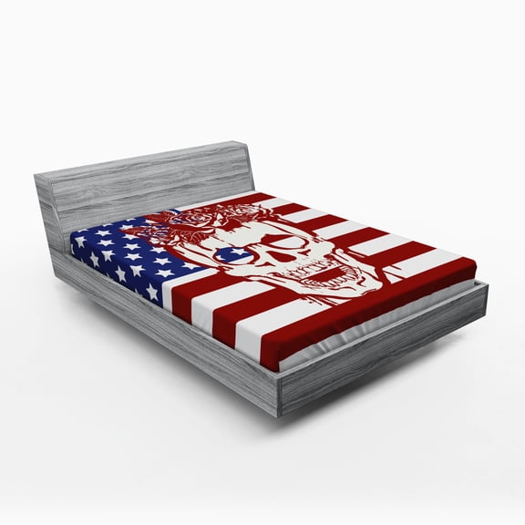 Ambesonne American Flag Fitted Sheet, Skull Flowers, Full Size, Red White