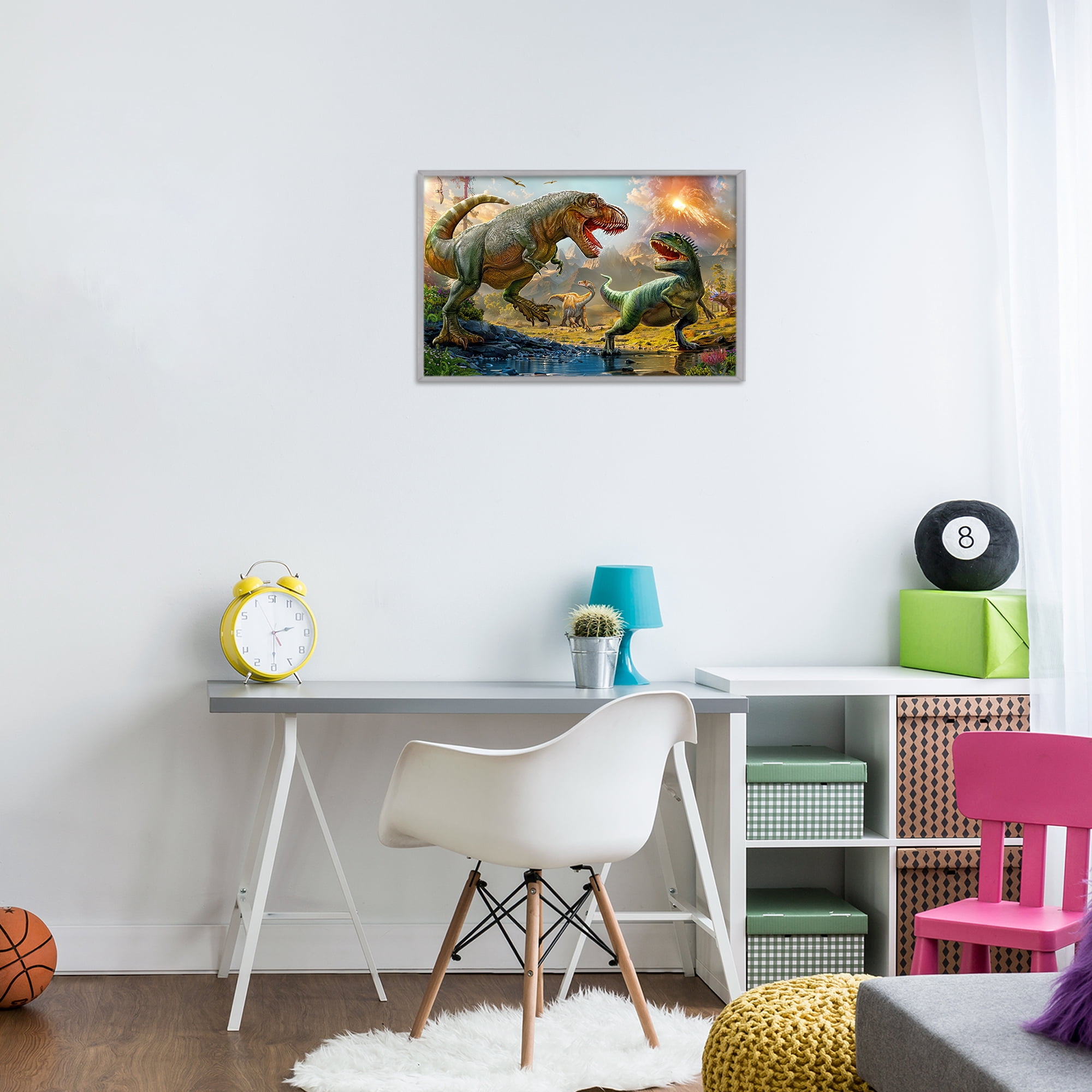 Stupell Industries T-Rex Encounter at Riverbank Gray Framed Giclee Art, design by Henriette Chinaglia