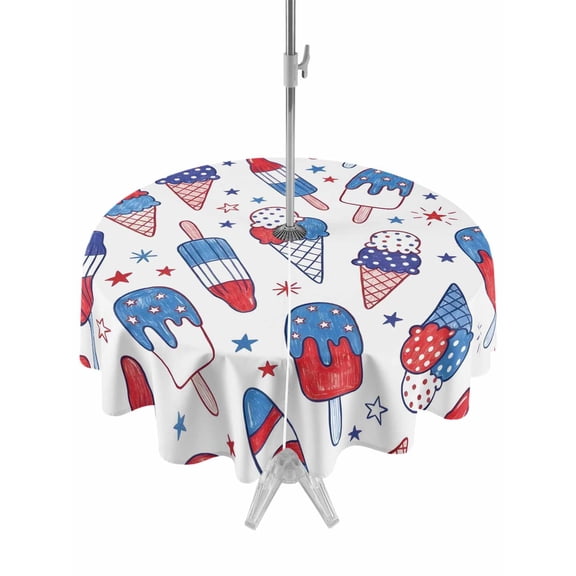 Outdoor Tablecloth with Umbrella Hole for Patio/Picnic/Party/Camping, Blue Red Ice Cream Waterproof Table Cloth Round Cover Washable, 4th of July 250th Anniversary (Dia 54")