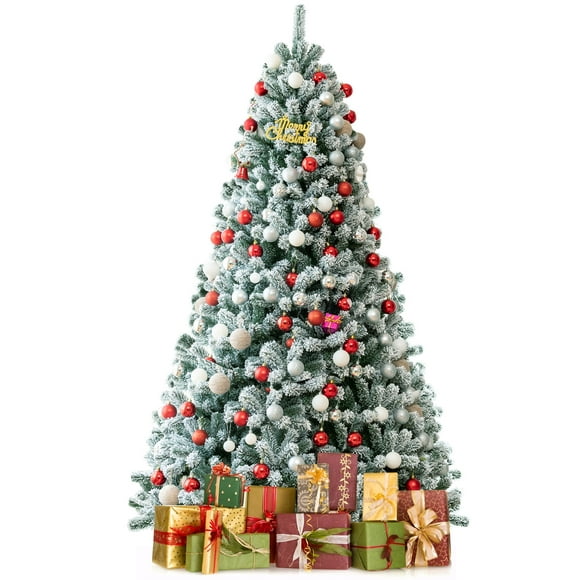 Topbuy 8FT Snow Flocked Artificial Christmas Hinged Tree Pre-lit Artificial Xmas Full Tree with 1,502 Branch Tips