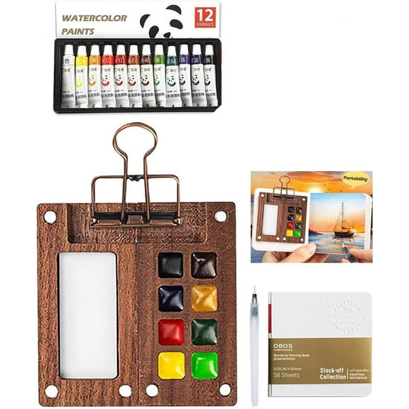 Pocket Artist Watercolor Travel Set, Travel Paint Palette, Wooden Paint Palette Travel Kit, Mini Portable Watercolor Palette with Clip for Artists Painters Students (12 Colors 8 Grid Set)